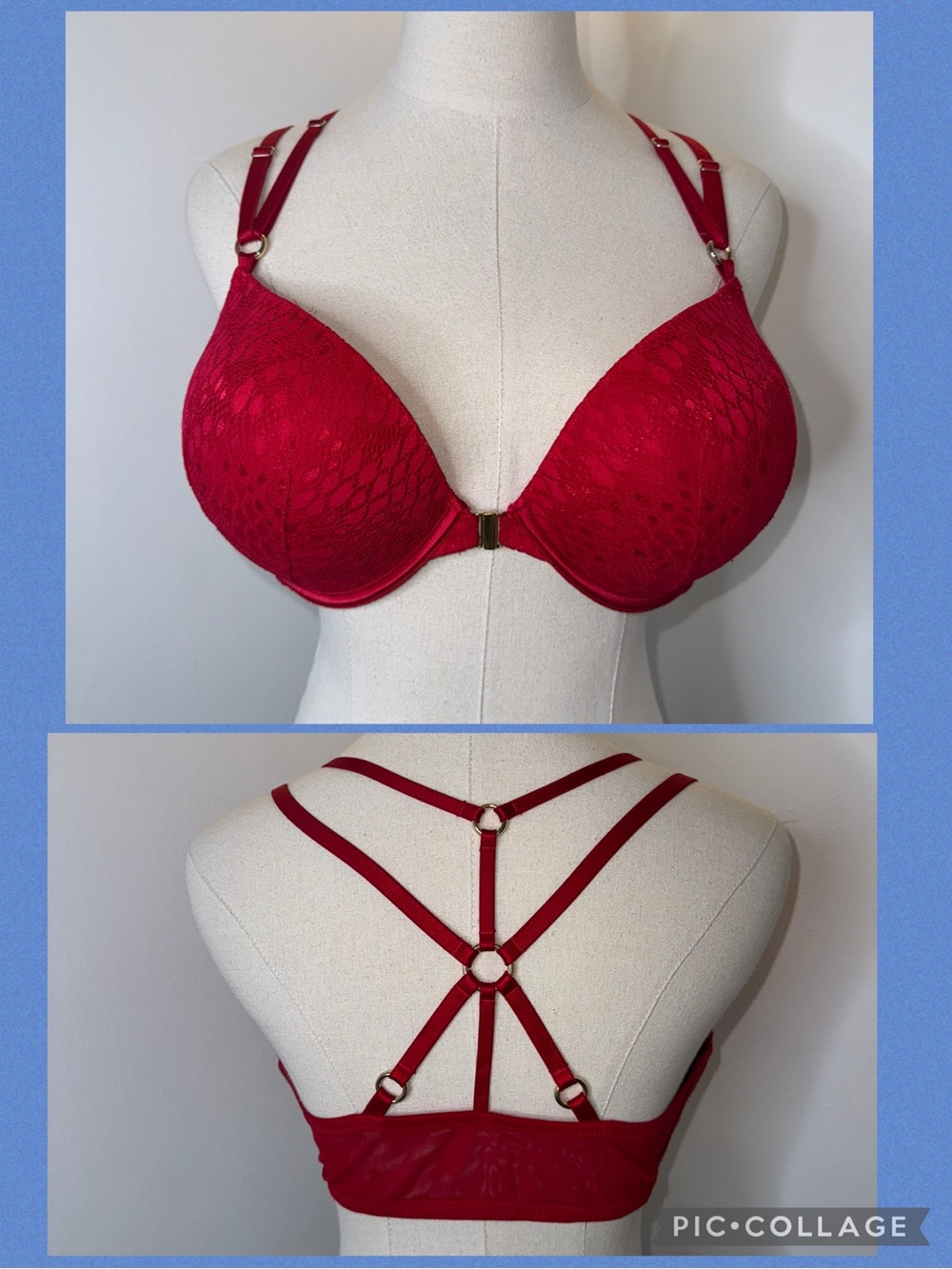 Victoria’s Secret Women’s 38C Bombshell Plunge Red Lace Strappy Front Snap Bra